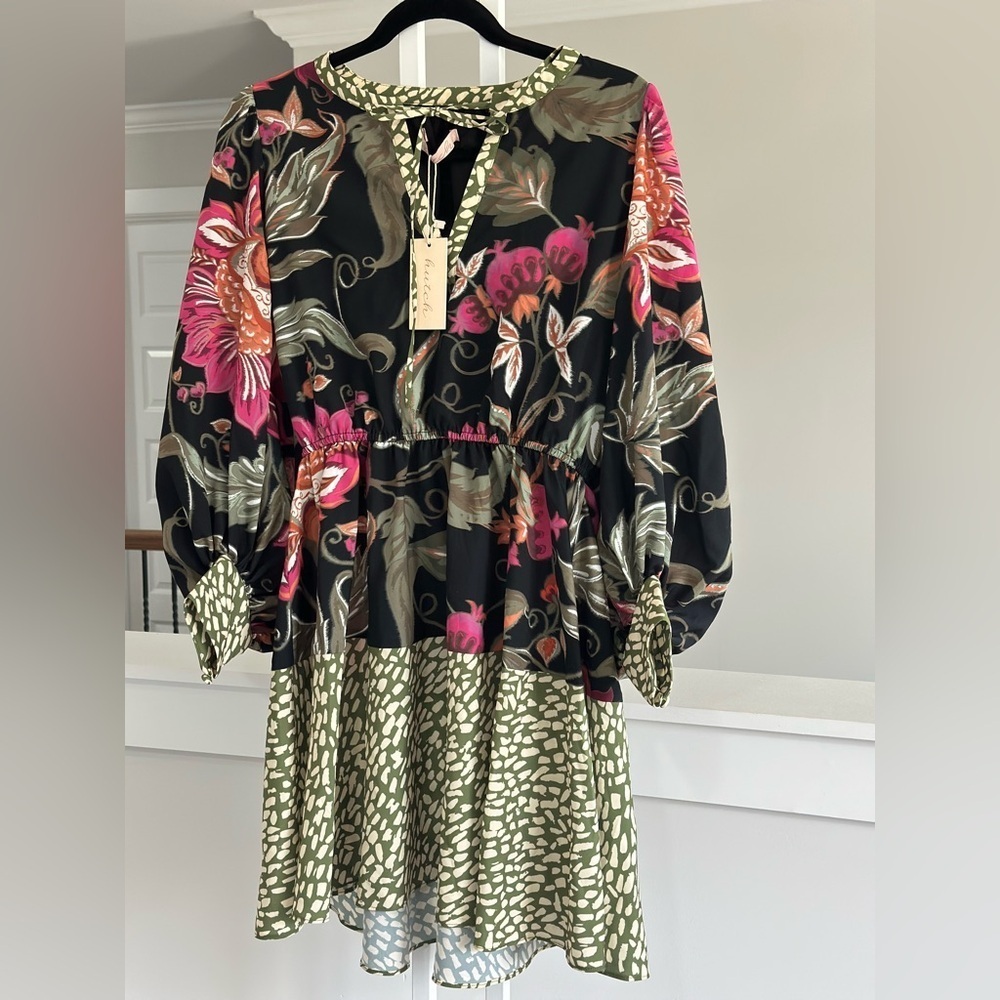 Anthropologie Hutch Floral Black and Green Dress With Statement Sleeves
